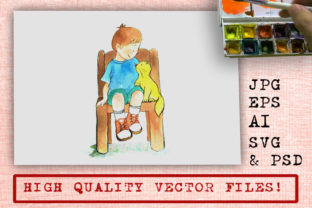 Boy and Cat Watercolor Cartoon