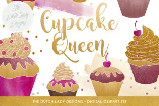 Cupcake Clipart Set - Cupcakes, Watercolor Smears Confetti Overlays - Purple, Gold and Glitter