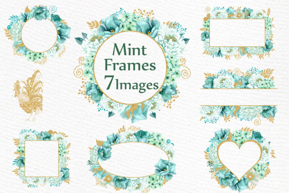 Gold Mint Flower Frames Clipart Illustrations