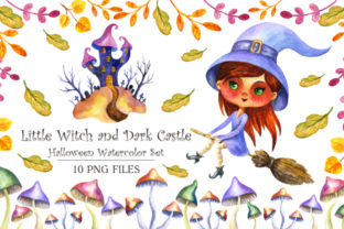 Halloween Watercolor Set Little Witch and Dark Castle