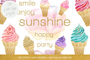 Icecream Clipart Set - Summer Images in Gold Watercolor Illustrations