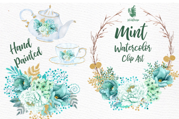 Mint Watercolor Clipart Illustrations