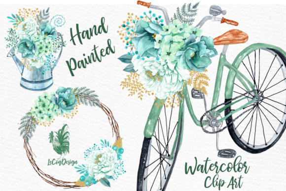 Mint Watercolor Flowers Illustrations