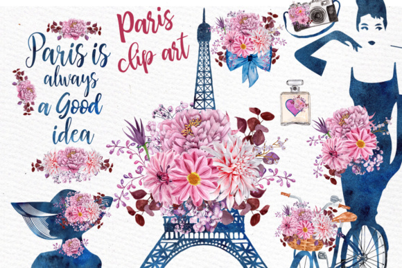 Paris Watercolor Eiffel Tower Clipart and Illustrations