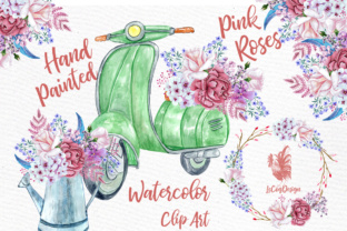 Pink Flower Watercolor Roses and Scooter Clipart