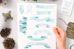 Teal Banners Watercolor Clipart Graphics