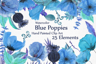 Watercolor Floral Clipart Blue Flowers Poppies Clipart and Illustrations